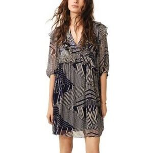 ba&sh Acacia Ruffled Dress Size 1/4 Navy Geometric Print Boho Chic Statement